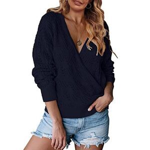 MEROKEETY Womens Deep V Neck Wrap Sweaters Long Sleeve Crochet Knit Pullover
